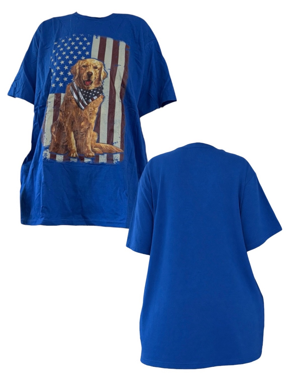 Blue Graphic Tee with Golden Retriever & American Flag